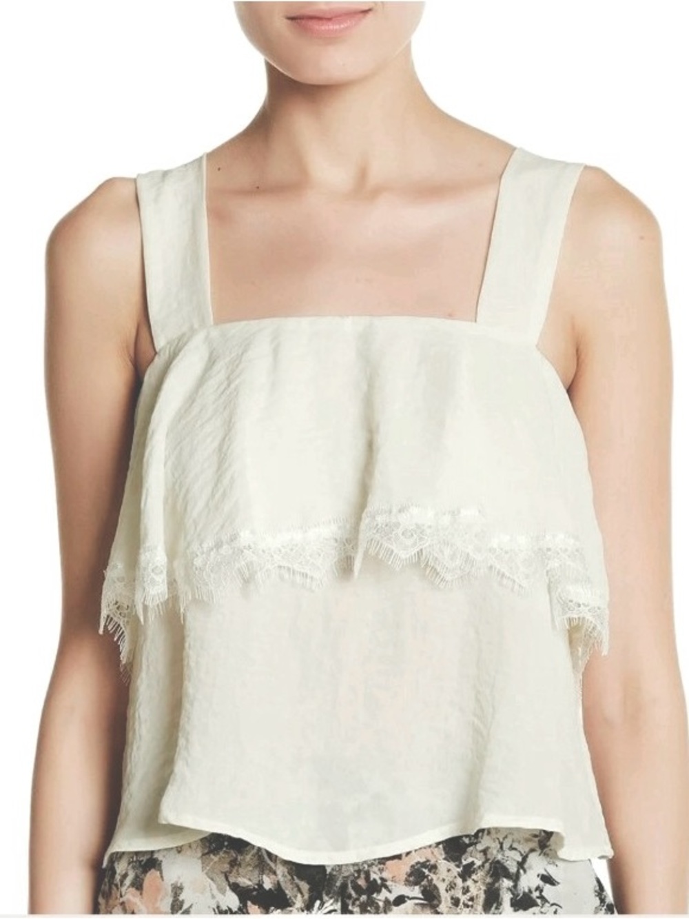CAD Lace Trim Ivory Square Neck Flowy Tank Top NWT Sz L